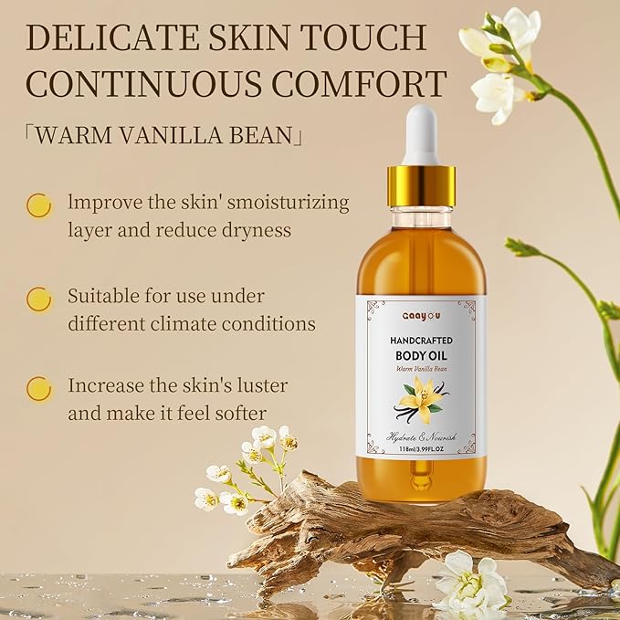 Gaayou Warm Vanilla Bean Body Oil - Vanilla Body Oil Deep Moisturizing Vanilla Perfume Oil Coconut Cream Pie Body Oils for All Skin Types After Shower