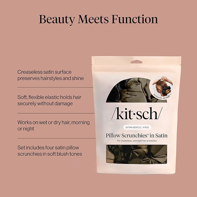 Kitsch Pillow Satin Scrunchies for Women - Hair Ties No Damage, No Crease Hair Accessories | Perfect for Day or Night - Black, 4pcs