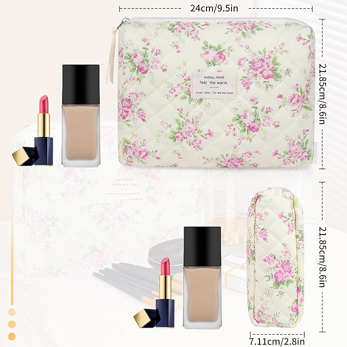 Gosect Floral Makeup Bag, Small Cosmetic Bag for Women Girls, Cute Cotton Makeup Bag, Quilted Makeup Bags, Flower Travel Toiletry Organizer Bag(Pink Flower)