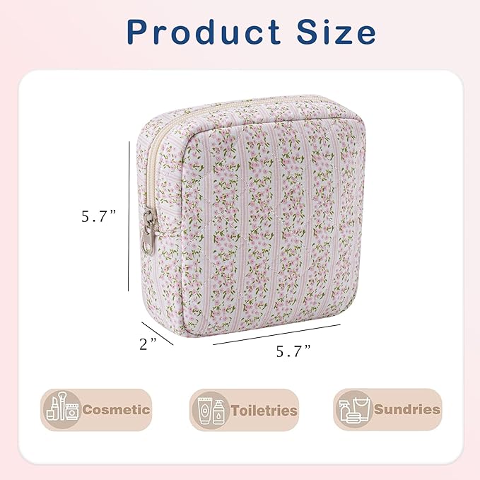 RSRSLEII Small Quilted Cosmetic Pouch for Purse, Mini Cotton Makeup Bag with Compartments, Cute Zipper Lipstick Holder for Women (17Small Pink Flower)