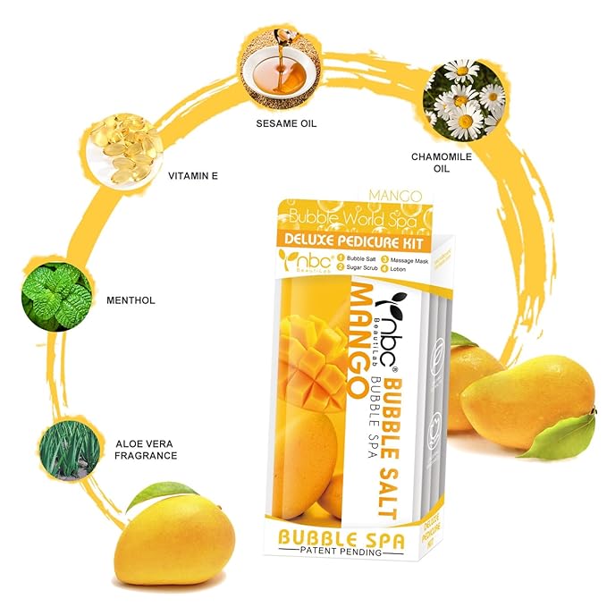 nbc BeautiLab Pedicure Kit Foot Soak Set: Bubble Salt, Sugar Scrub, Massage Mask, Massage Lotion in a Box, 4 Step Foot Spa Kit for Dry Feet,Tired Feet（3 Set Mango)
