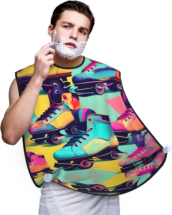 NOUZU Retro Roller Skates Colorful Print Beard Bib Apron For Men, Beard Hair Catcher For Men Shaving Trimming,Beard Cape Cloth, Black