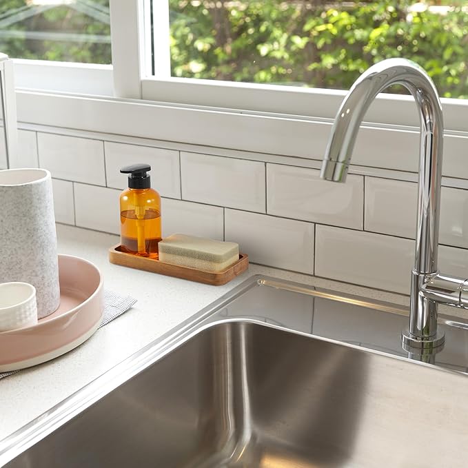 ALELION 8" Acacia Wood Bathroom Vanity Tray for Counter - Wood Tray for Dresser Tops Perfume Jewelry Candle Key Catchall - Small Kitchen Countertop Organizer for Soap Dispenser and Sponge Holder
