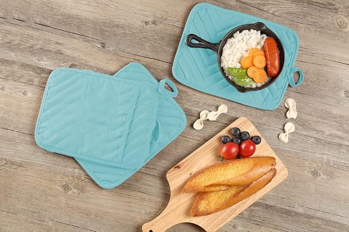 VEIKERY Oven Pot Holder with Pocket Cotton Heat Resistant Coaster Potholder Kitchen Hot Pad Oven Mitts for Cooking Square 7"x9" Set of 3 (Aqua)