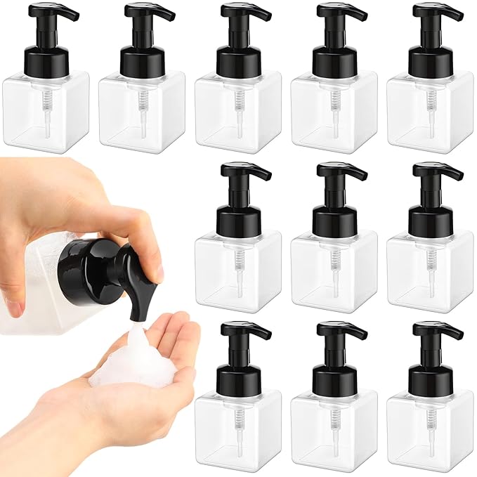 Domensi Foaming Soap Dispenser 8.5 oz Foam Pump Bottle Bulk Empty Travel Foaming Dispenser Refillable Hand Soap Plastic Pump Bottle Travel Clear Container for Bathroom Vanities(12 Pcs,Black)
