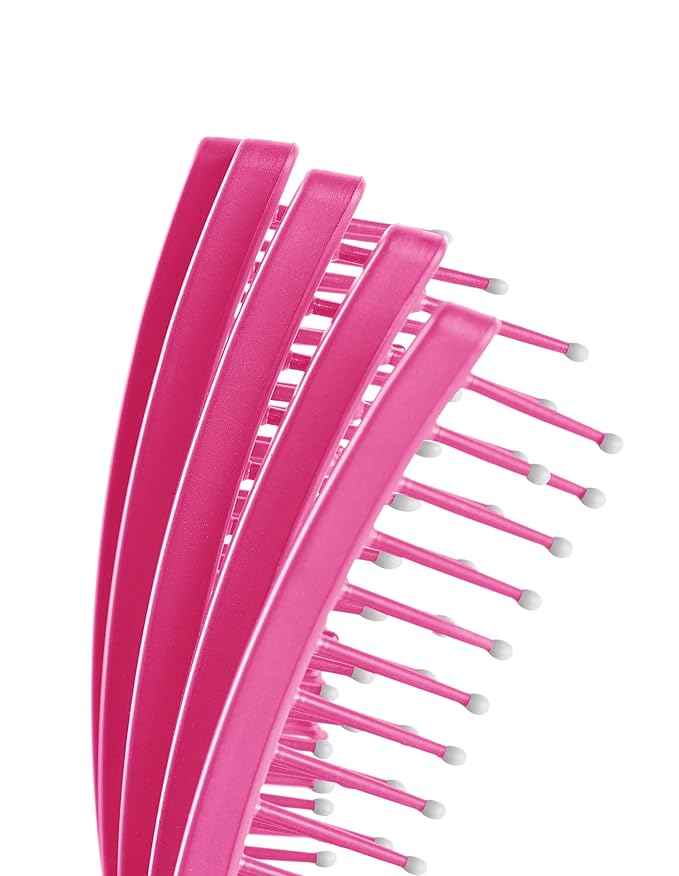 Premium Mini Tangle Buster Brush – Soft Nylon Bristles – Long Ergonomic Durable Rubber Handle – Ideal for Wet and Dry Hair & Easy Grooming, Teal and Pink Color (7 Fingers)