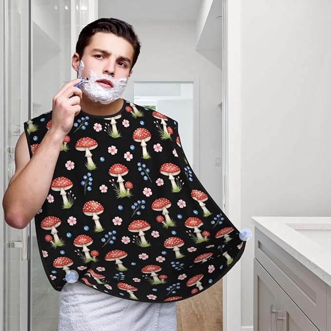Beard Apron Hair Catcher, Black Red Mushrooms Floral Shave Bib, Waterproof Non-Stick Shaving Bib, Trimming Grooming Tool for Dad Men Anniversary