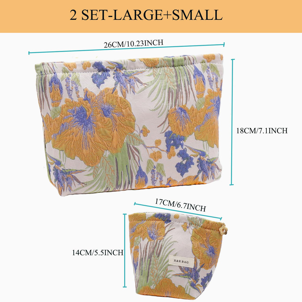 getgto 2 Pcs Makeup Bags, Large Cosmetic Bag Travel Toiletry Bag Organizer for Women, Embroidery Craft, Floral Makeup Bag Small Cosmetic Pouch Purse with Zipper Gifts for Girls Teen