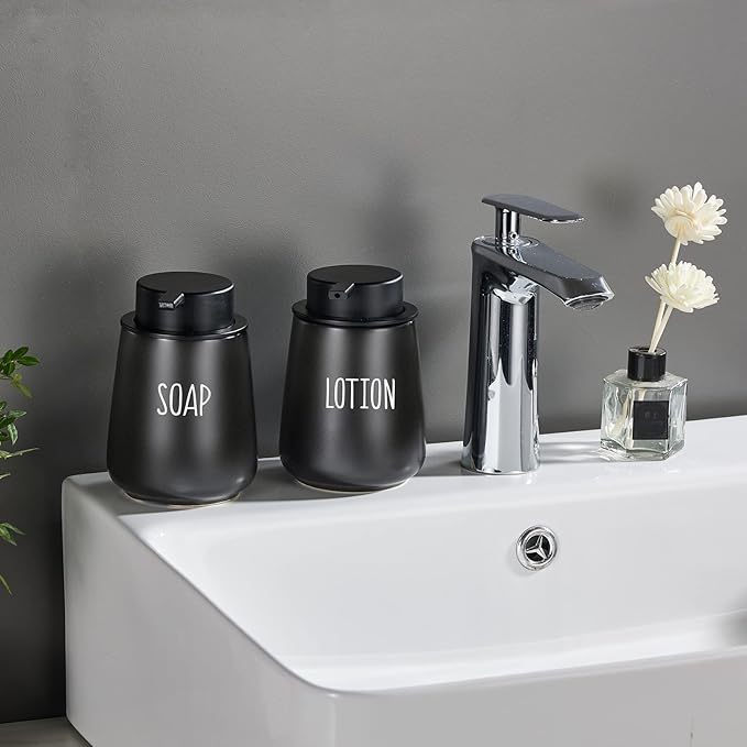 12Oz Hand Soap Dispenser Set - 2 Pack Ceramic Lotion Soap Dispenser Set with Easy-to-Press Black Pump, Refillable Mordern Liquid Dish Soap Dispensers for Bathroom & Kitchen (Black, Liquid Pump)