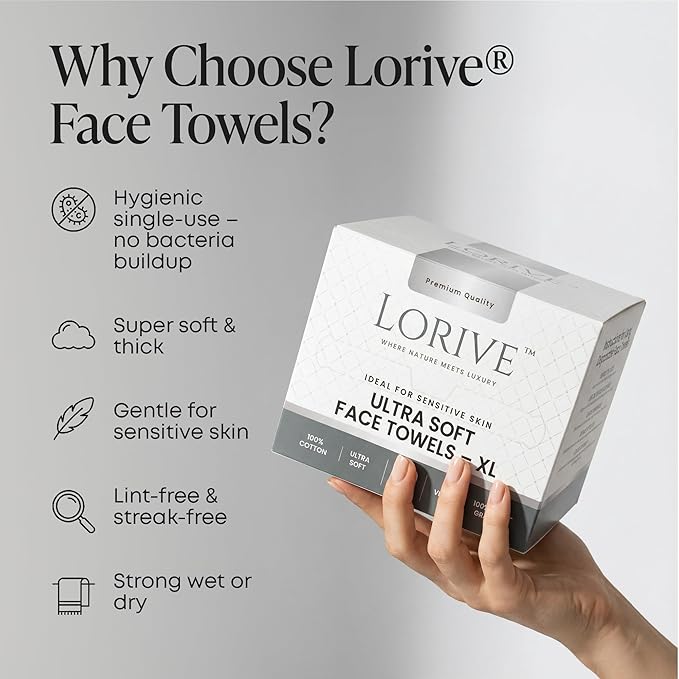 Disposable Face Towels XL 10 x 12, 60 Count – 100% Cotton Clean Skin Towels, Ultra Soft Lint Free Face Towelettes for Skincare & Makeup Removal, Thick Facial Dry Wipes for Sensitive Skin