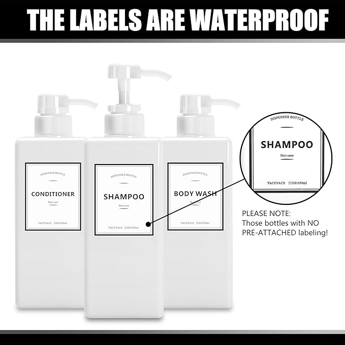 YACEYACE Shower Dispenser Set, 3 White Refillable Bottles, 22oz Large, Shampoo, Conditioner, Body Wash