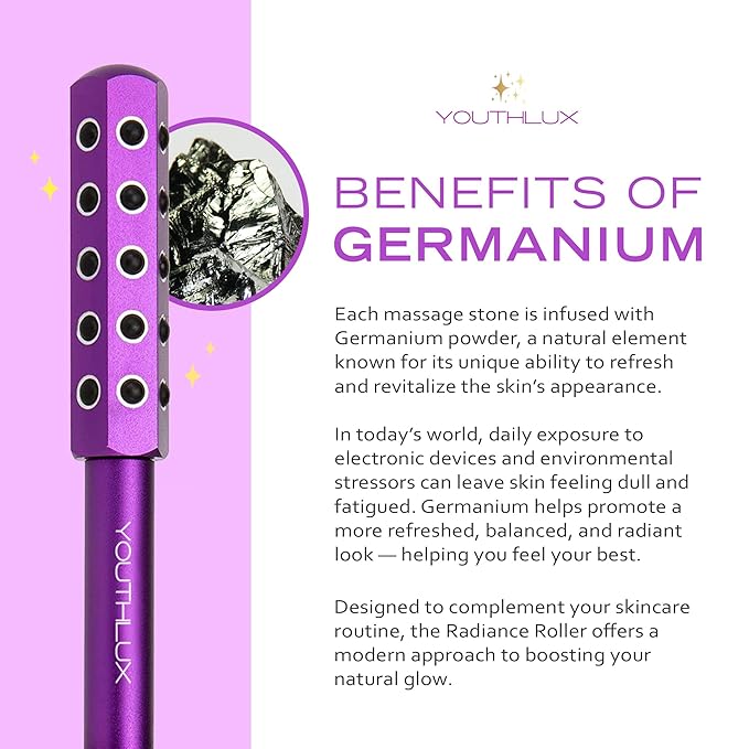 YOUTHLUX Radiance Roller – Germanium Stone Facial Massage Tool/Wand Face Roller for Lifting, Sculpting, De-Puffing, Glow Boost, Energizing & Cooling Effect (Purple)