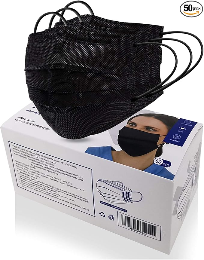 MSAAEX 50 Pcs Disposable 4-ply Non-woven Face Mask, Black Masks