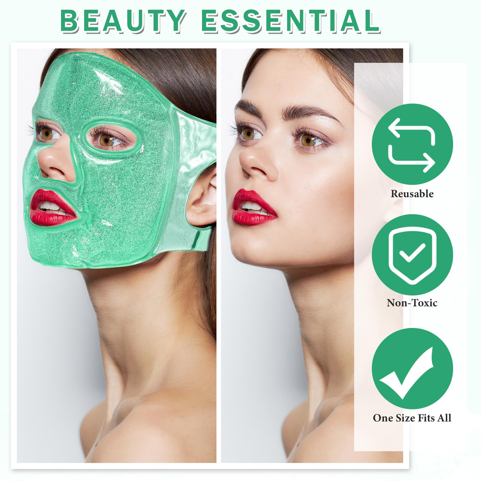 Geyoga Gel Ice Face Eye Mask Cooling Face Eye Masks for Reducing Puffiness, Dark Circles, Redness, Pain Relief, Migraine, Stress, Hot/Cold Pack Compress with Soft Plush Backing(Green)
