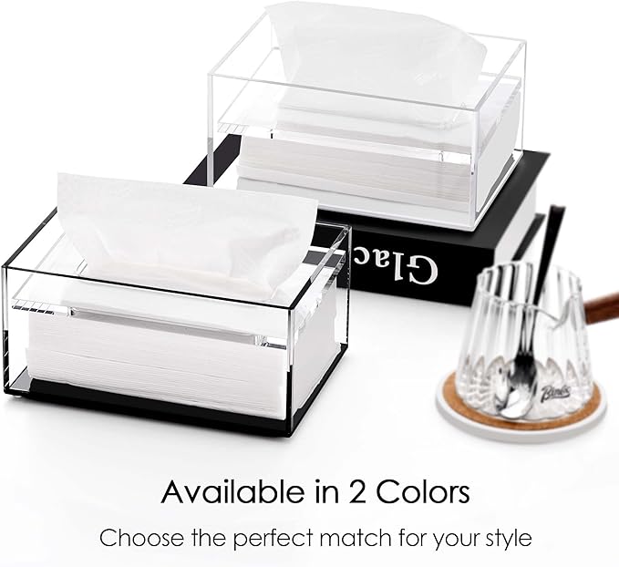 SANRUI Clear Acrylic Facial Tissue Box Cover Holder with 8mm Top Lid Rectangle Napkin Dispenser Organizer for Bathroom, Kitchen and Office Desk,Black&Clear