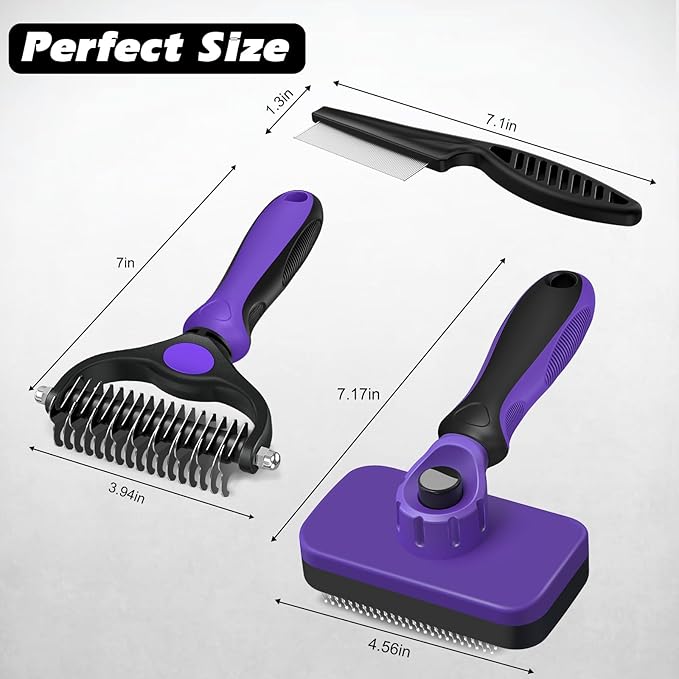 3PCS Self Cleaning Slicker Brush & Pet Grooming Rake & Flea Comb for Dogs,Cats and Horses | Double-Sided Dematting Comb & Skin Friendly Deshedding Grooming Tool | Premium Pet Supplies (Purple)