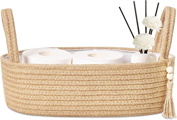 ABenkle Small Storage Basket, Jute Rope Woven Toilet Paper Tray Organizer for Toilet Tank Top, Boho Bathroom Decor Holder for Shelf Bedroom Living Room -13x6x4 Inches