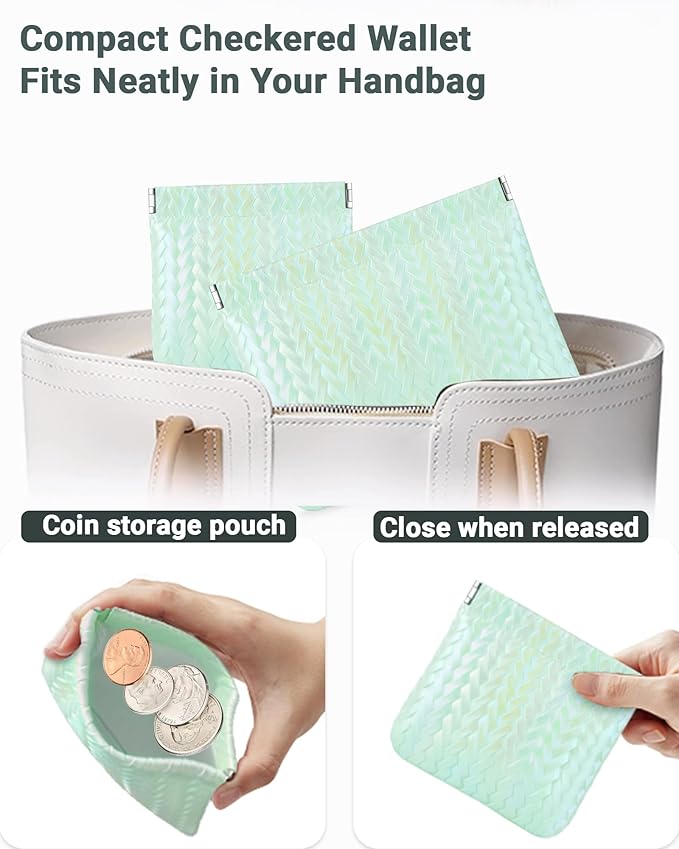 MXXUUOOM 2 Pack Small Makeup Bag for Purse Leather Cosmetic Pouch Organizer, Snap Closure Holographic Woven Makeup Bag, Mini Lipstick Coin Pouch, Travel Makeup Organizer for Women green