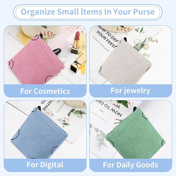 Teircno 2 PCS Corduroy Period Bag for women, Cute Sanitary Napkin Storage Bag Portable Period Pouch with Zipper, Sanitary Pads Bag Tampons Holder for Purse First Period