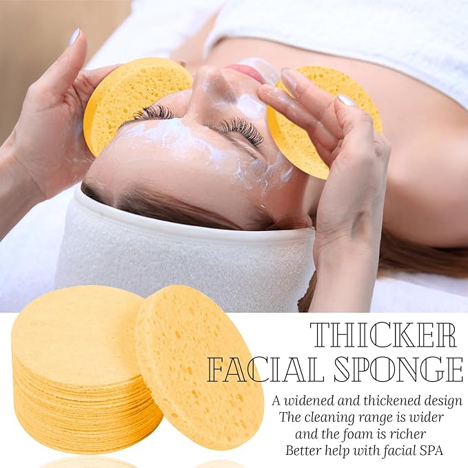 100-Count Facial Sponges Compressed Natural Cellulose Sponge Round Shape Face Sponge for Face Cleansing Exfoliating and Makeup Removal, Yellow