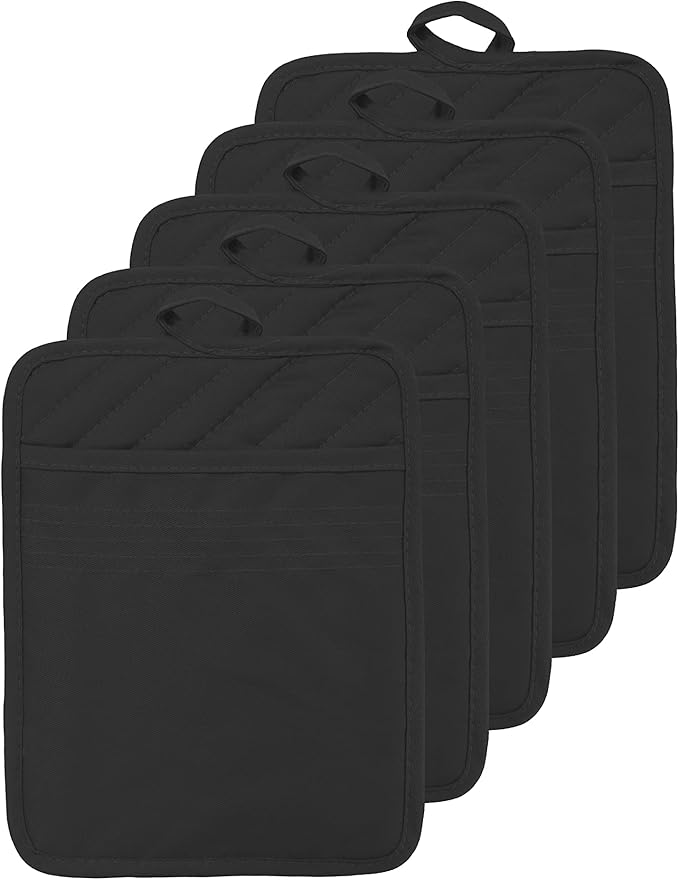 VEIKERY Oven Pot Holder with Pocket Cotton Heat Resistant Coaster Potholder Kitchen Hot Pad Oven Mitts for Cooking Square 7"x9"Set of 5 (Black)