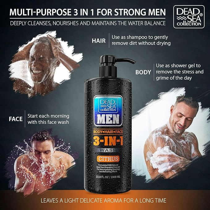 Dead Sea Collection Mens Body Wash 3 in 1 – Citrus Body Wash for Men – Shower Gel – Shampoo – Shower Soap for Face and Hair – Pack of 2 Bottles (33.8 Fl. Oz. Each)
