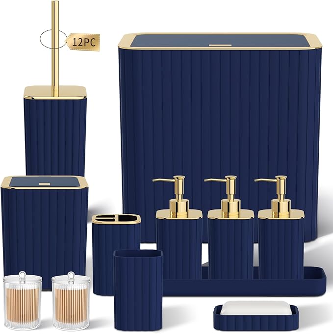 InnJoey Bathroom Accessory Set - Bathroom Set, 12PC Bathroom Accessories Set, Navy Blue Bathroom Accessories Set, Mini Trash Can, Toilet Brush, Trash Can & Soap Dispenser