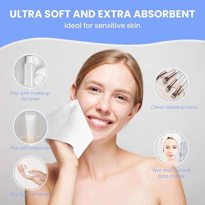 Mirucoo 100 Sheet Daily Cleansing Towels Ultra Soft Dry Wipes for Sensitive Skin Disposable Facial Washcloths 100% Organic Viscose (Pack of 1)