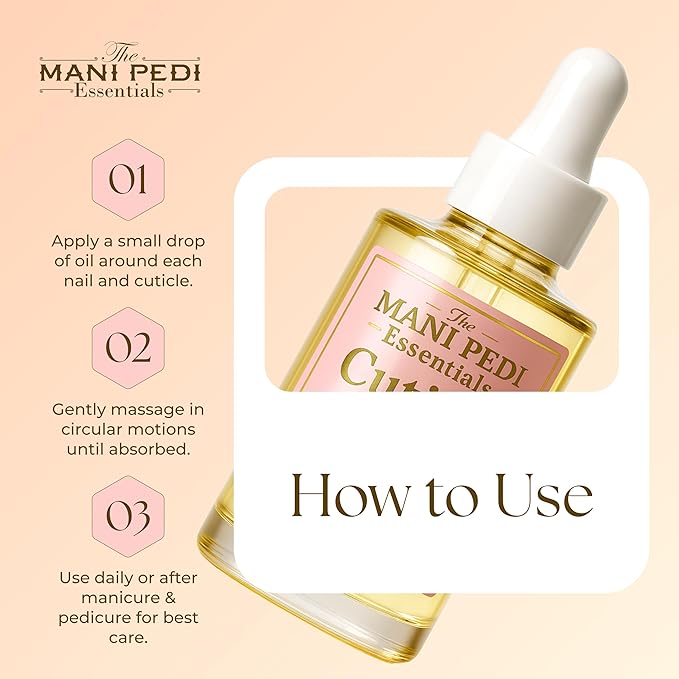 The Mani Pedi Essentials Nourishing Cuticle Oil enriched with Jojoba Oil, Vitamin E & Sweet Almond Oil. Manicurist's Choice for Healthy, Nourished Nails & Cuticles – 1 Fl Oz