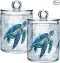 xmycdz 2 Pack Sea Turtle Pattern Apothecary Jars with Lid, 10 Oz Clear Plastic Apothecary Jar Set Qtip Holder Storage Containers for Cotton Ball Swabs Bathroom Vanity