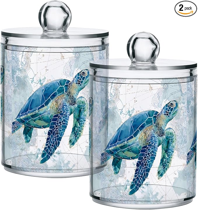 xmycdz 2 Pack Sea Turtle Pattern Apothecary Jars with Lid, 10 Oz Clear Plastic Apothecary Jar Set Qtip Holder Storage Containers for Cotton Ball Swabs Bathroom Vanity