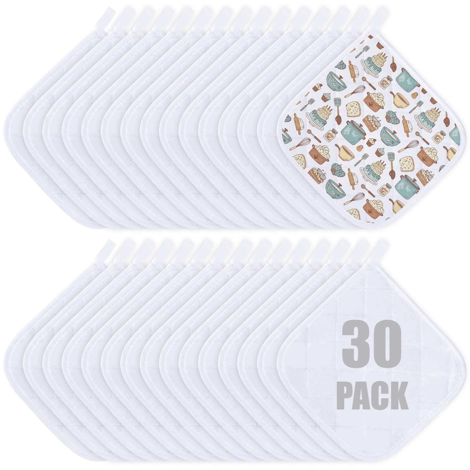 Uiifan 30 Pieces Cotton Pot Holders for Kitchen Washable Heat Resistant Potholders Oven Hot Pads for Cooking and Baking, 7.87 x 7.87 x 0.2 Inch (White)