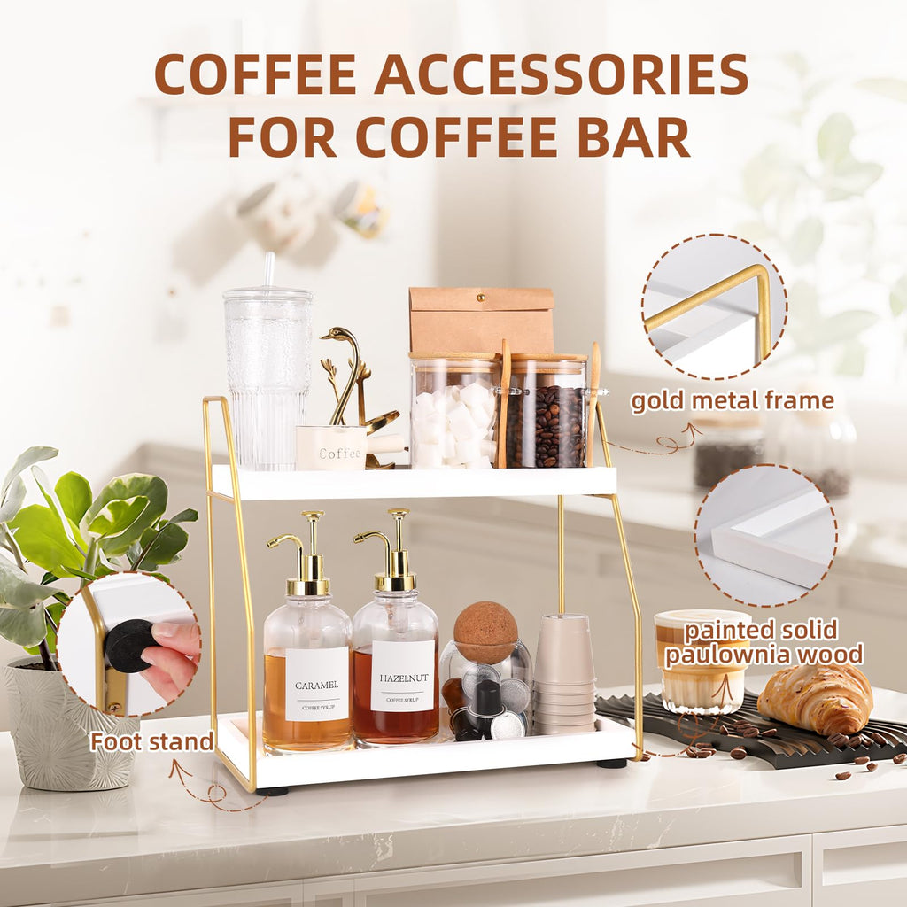 DWTS 2 Tier Wood/Gold Metal Coffee Station Organizer,Coffee Bar Accessories