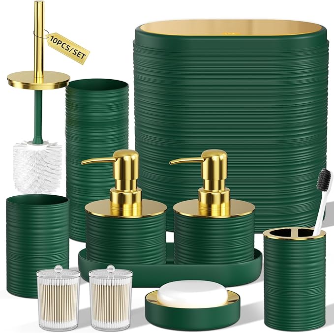 InnJoey Bathroom Set, 10PC Bathroom Accessory Set, Green Bathroom Accessories, Green and Gold Bathroom Set with Trash Can, Soap Dispensers