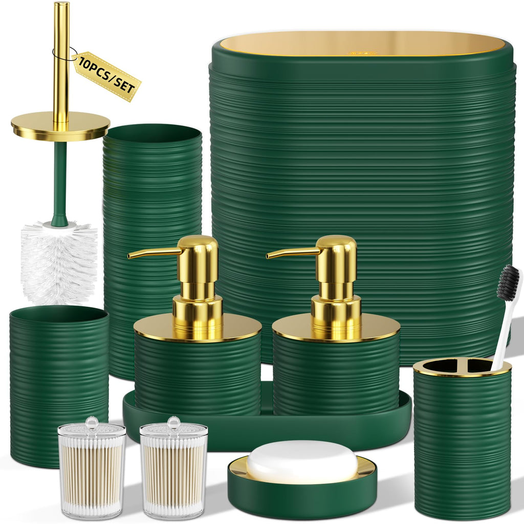 InnJoey Bathroom Set, 10PC Bathroom Accessory Set, Green Bathroom Accessories, Green and Gold Bathroom Set with Trash Can, Soap Dispensers