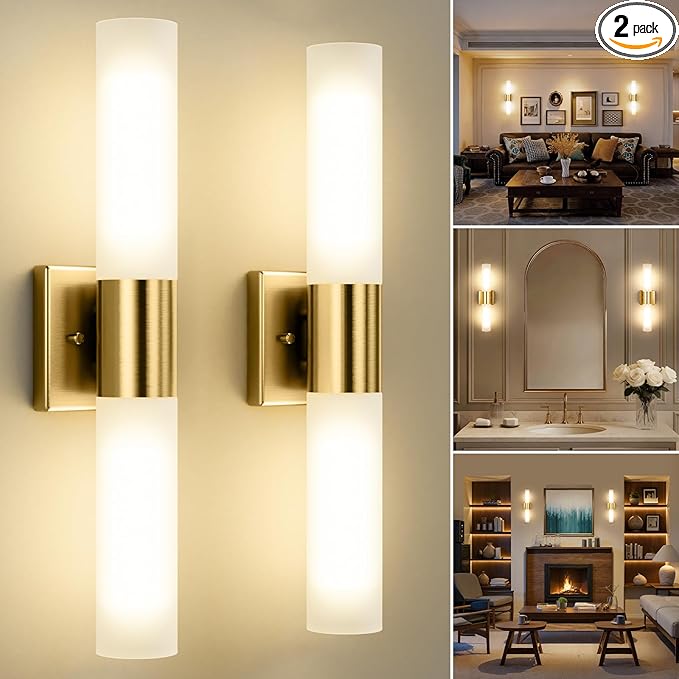 Kalium Wall Sconces Set of Two, Modern 21" Vanity, Frosted Glass, Gold