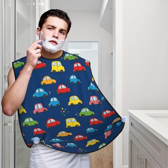 Non-Stick Beard Shaving Bib, Hair Catcher Apron with Suction Cups, Waterproof Grooming Tool for Men Husband, Navy Blue Drawing Car Shave Bib