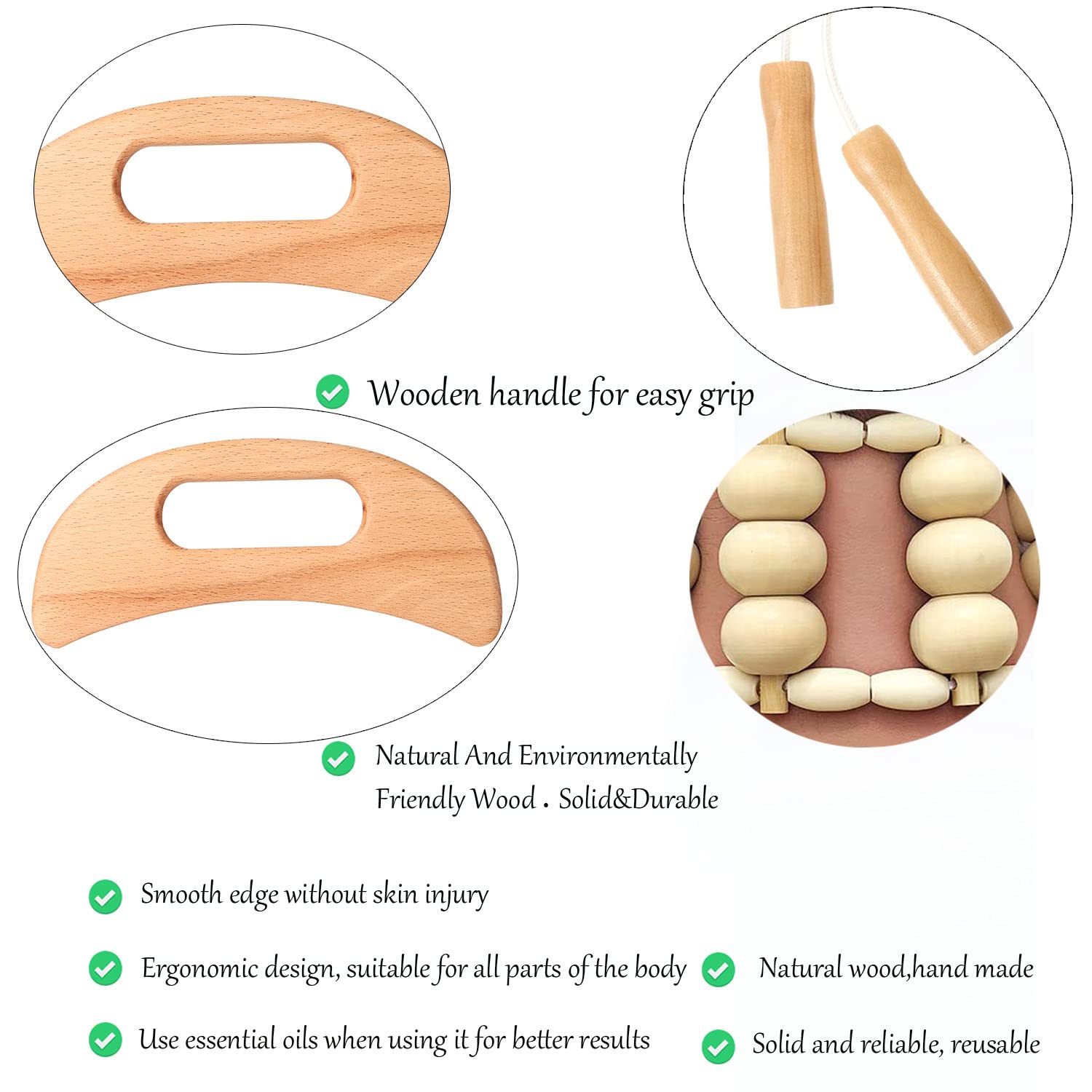 Wood Therapy Massage Tools，Handmade Wood Back Massage Roller Rope Tool,Maderoterapia Kit Body Sculpting Tools for Relax Muscles