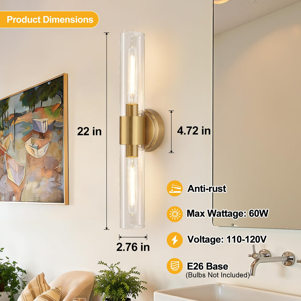 Meybiok Wall Sconces Set of Two, Brushed Gold Bathroom Sconces Wall Lighting with Clear Glass, Hardwired Modern Sconces Wall Decor Set of 2 for Bathroom Mirror Bedroom Living Room Hallway