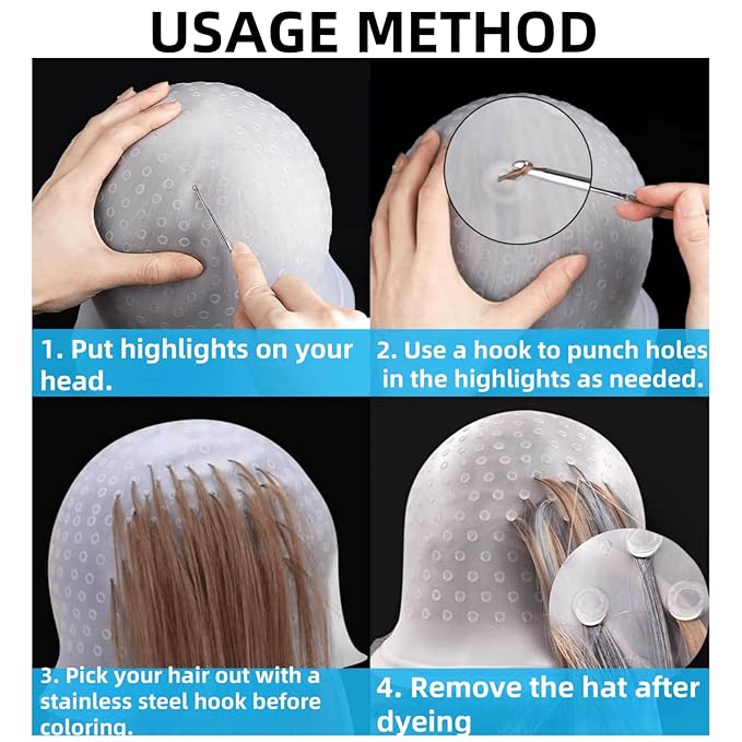 Hair Coloring Highlighting Cap, Silicone Highlight Cap Pull Through Caps Hair Coloring Cap without Hook, Hair Highlighting Kit Gloves and Brush for Salon Tools