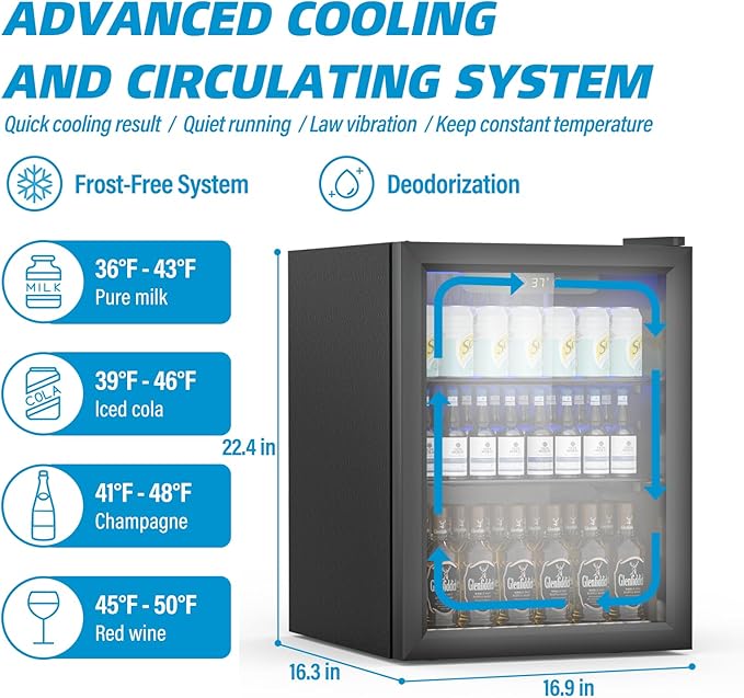 Erivess 1.6 Cubic Feet Mini Fridge, 70 Can Freestanding Beverage Refrigerator with Glass Front Door for Soda, Beer Under Counter Small Refrigerator with Adjustable Shelves and Digital Display(Black)