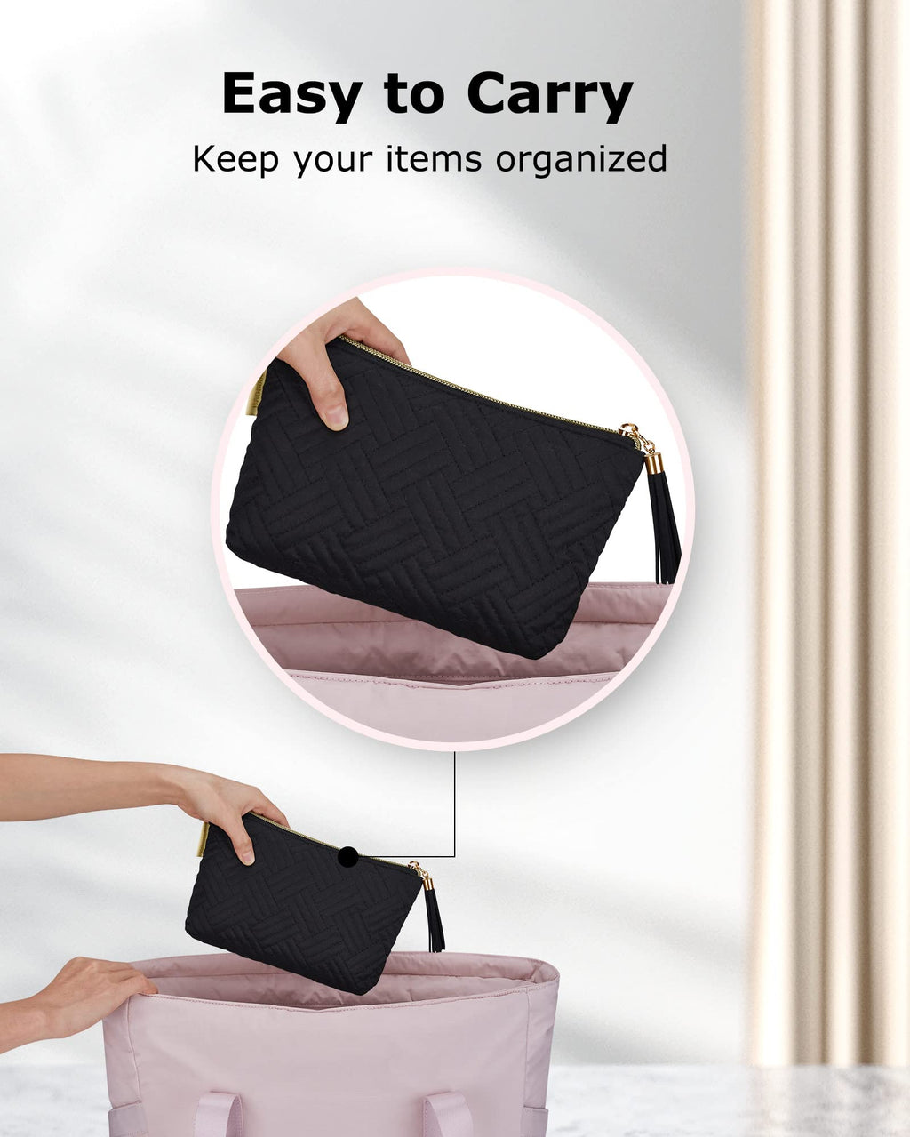 BAGSMART Small Makeup Bag, Elegant Cosmetic Pouch with Tassel, Soft Water-Resistant Travel Organizer for Women, Cosmetics & Everyday Essentials, Black