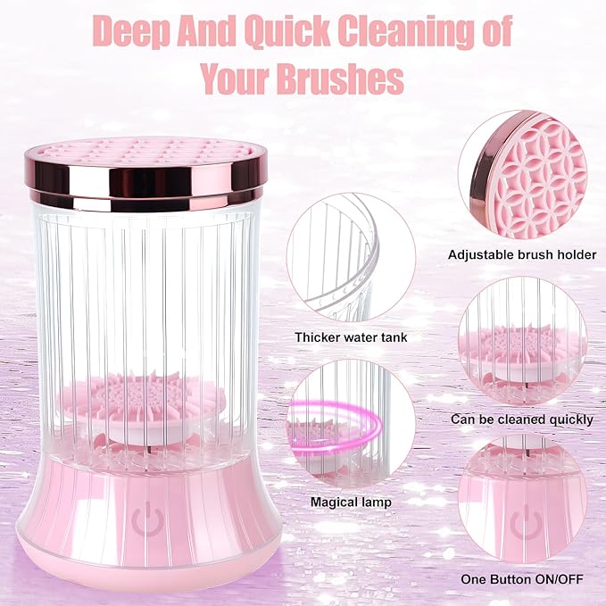 Electric Makeup Brush Cleaner Machine, USB Powered Automatic Spinning Makeup Brush Cleaner with 2 Cleaning Modes, Portable Brush Cleaner for Deep Cleaning Cosmetic Brushes, Pink