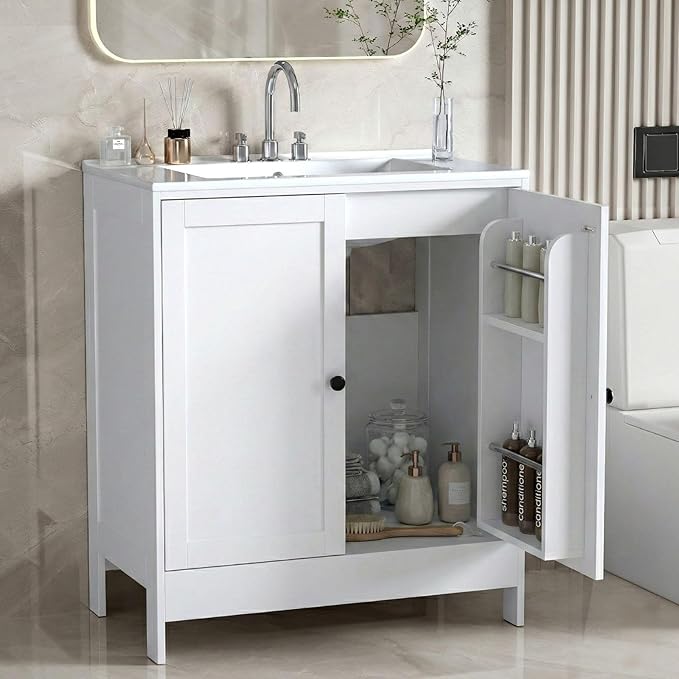 VINGLI 30 Inch White Bathroom Vanity with Sink, Modern Freestanding Sink Vanity with Soft-Close Doors and Storage Shelves, White Bathroom Cabinet with Single Hole Ceramic Basin for Small Bathrooms