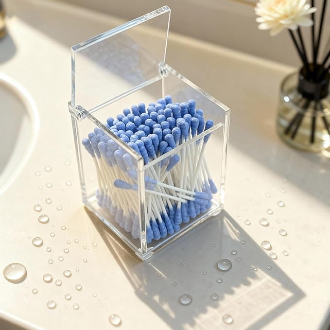Dealpoli Clear Acrylic Qtip Holder with Lid, Cotton Balls Swab Organizer, 2.95" x 2.56" x 3.94" Dispenser for Makeup Pad, Floss Picks, Bath Salts, Cosmetic Storage Case, Home Bathroom Decor (DP058)