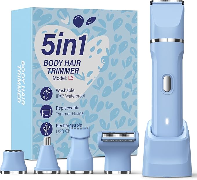 HOHOLE 5-in-1 Bikini Trimmer for Women, IPX7 Waterproof Electric Razors Shaver, Cordless Body Hair Trimmer, Facial & Pubic Hair Removal, Ceramic Blade (Sky Blue)