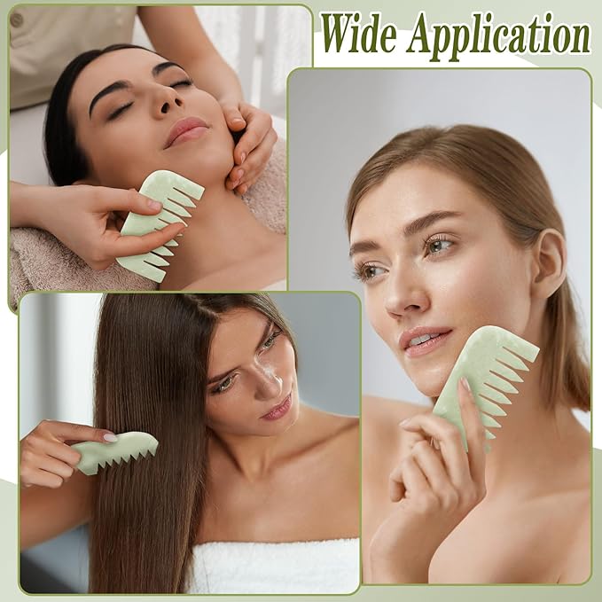 Geiserailie 2 Pcs Jade Combs Esthetician Supplies Massage Stone Hair Gua Sha Scraping Scalp Comb Facial Massage Tool Handheld Head Tools Head Caring Therapy Mother's Day for Women(Square Style)