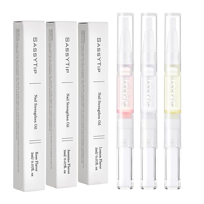 SASSYTIP Nail Strengthen Oil Pen | Fast-Absorbing Cuticle Oil with Biotin & Ginseng | For Brittle & Peeling Nails | Jasmine, Rose, Lemon Scents | Home, Office, Travel Use (3PCS)