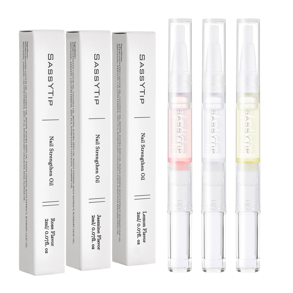 SASSYTIP Nail Strengthen Oil Pen | Fast-Absorbing Cuticle Oil with Biotin & Ginseng | For Brittle & Peeling Nails | Jasmine, Rose, Lemon Scents | Home, Office, Travel Use (3PCS)