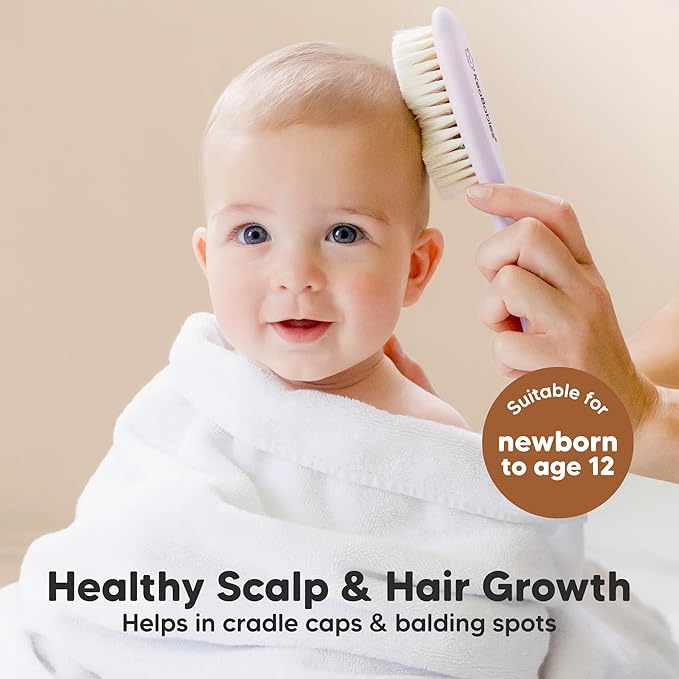 Wooden Baby Hair Brush - Cradle Cap Baby Brush with Soft Goat Bristles, Perfect Gentle Scalp Newborn Comb for Infant, Girls, Boys, Bath Essentials (Thistle, Regular)